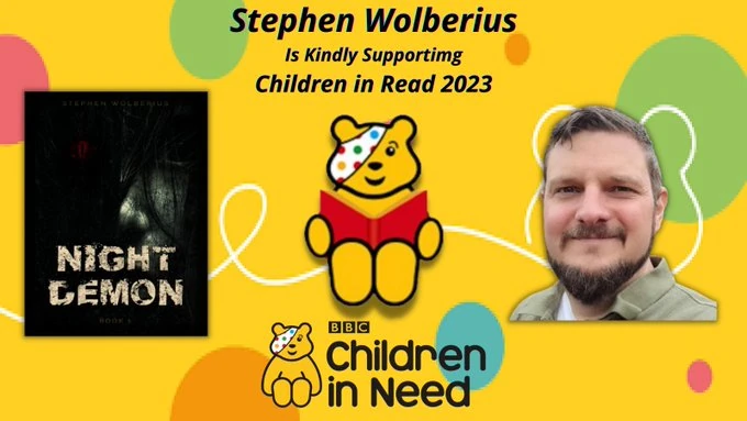 children in need 2023 banner featuring Night Demon, the Children in Need logo and an author headshot of Stephen Wolberius